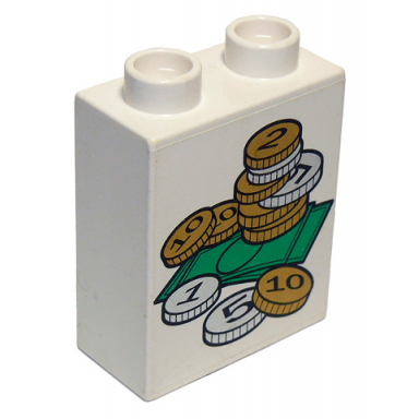 white duplo brick 1 x 2 x 2 with bills and coins money pattern