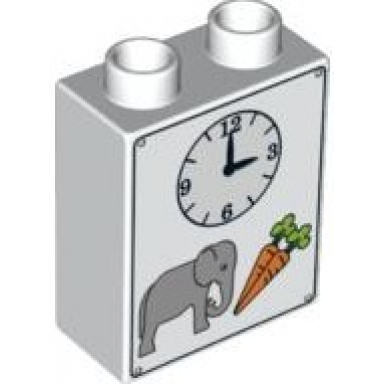 white duplo brick 1 x 2 x 2 with clock elephant and carrots pattern