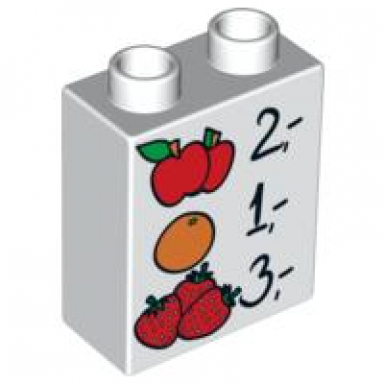 white duplo brick 1 x 2 x 2 with apples orange and strawberries prices pattern