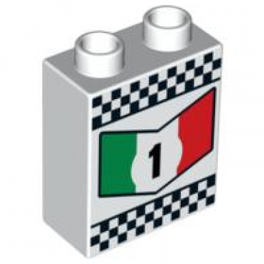 white duplo brick 1 x 2 x 2 with 1 in green white and red chevron and checkered border pattern