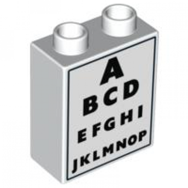 white duplo brick 1 x 2 x 2 with eye chart pattern