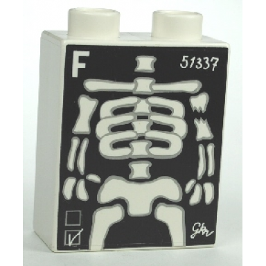 white duplo brick 1 x 2 x 2 with x-ray skeleton f and 51337 pattern
