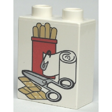 white duplo brick 1 x 2 x 2 with scissors bandages and tongue depressors pattern