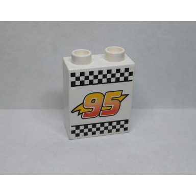 white duplo brick 1 x 2 x 2 with 95 on lightning bolt black checkered pattern