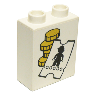 white duplo brick 1 x 2 x 2 with gold coins and ticket with black duplo figure silhouette pattern