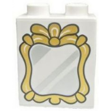 white duplo brick 1 x 2 x 2 with silver mirror and gold frame pattern