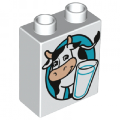 white duplo brick 1 x 2 x 2 with cow and glass of milk pattern