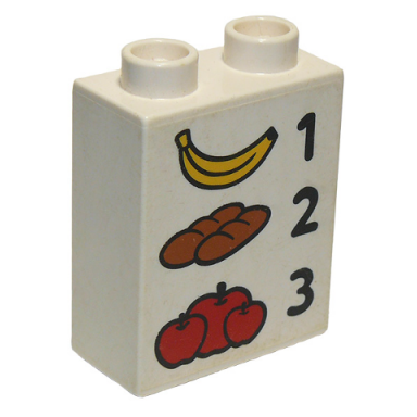 white duplo brick 1 x 2 x 2 with banana 1 bread 2 tomatoes 3 pattern