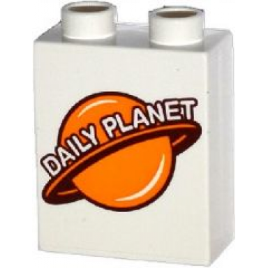white duplo brick 1 x 2 x 2 with planet and daily planet pattern