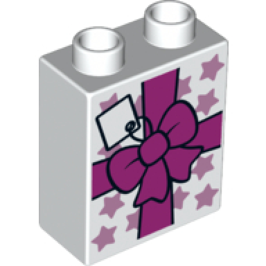 white duplo brick 1 x 2 x 2 with present gift with bow and stars pattern