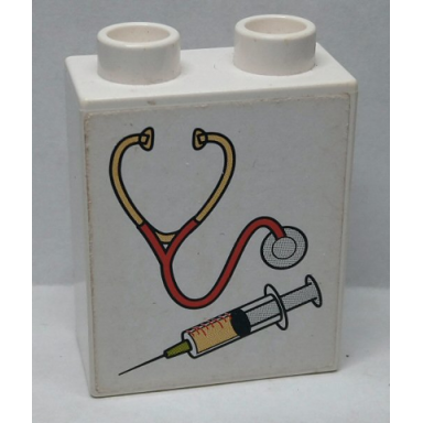white duplo brick 1 x 2 x 2 with stethoscope syringe pattern sticker - set 9226