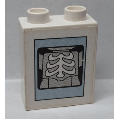 white duplo brick 1 x 2 x 2 with x-ray skeleton pattern sticker - set 9226