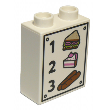 white duplo brick 1 x 2 x 2 with 1 sandwich 2 cake 3 bread pattern