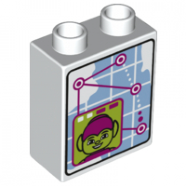 white duplo brick 1 x 2 x 2 with green goblin and tracking map pattern