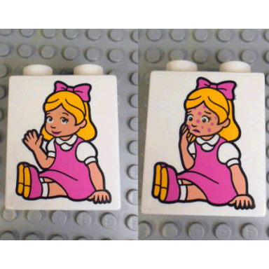white duplo brick 1 x 2 x 2 with girl with spots and no spots on face pattern