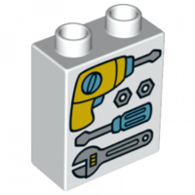 white duplo brick 1 x 2 x 2 with drill 2 bolts screwdriver and adjustable wrench tools pattern