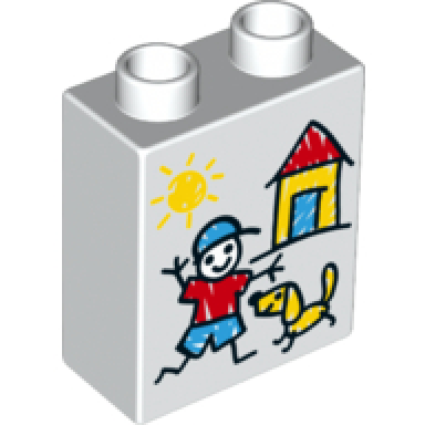 white duplo brick 1 x 2 x 2 with sun house boy and dog pattern