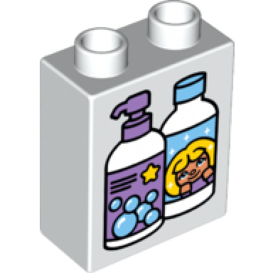 white duplo brick 1 x 2 x 2 with two bubble bath bottles pattern