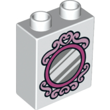 white duplo brick 1 x 2 x 2 with silver mirror and magenta frame pattern