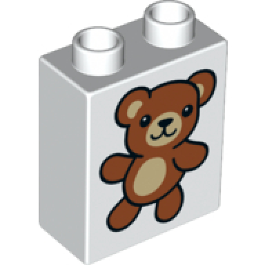 white duplo brick 1 x 2 x 2 with reddish brown teddy bear pattern