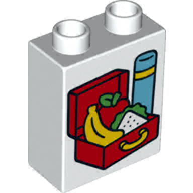 white duplo brick 1 x 2 x 2 with lunch box and insulated bottle pattern