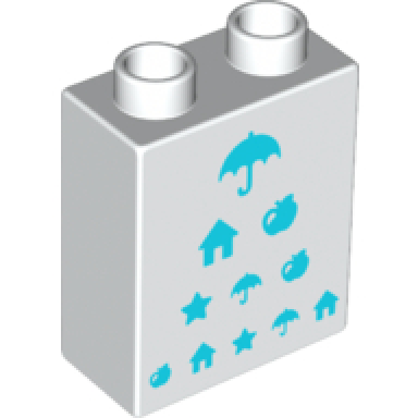 white duplo brick 1 x 2 x 2 with medium azure eye chart pattern