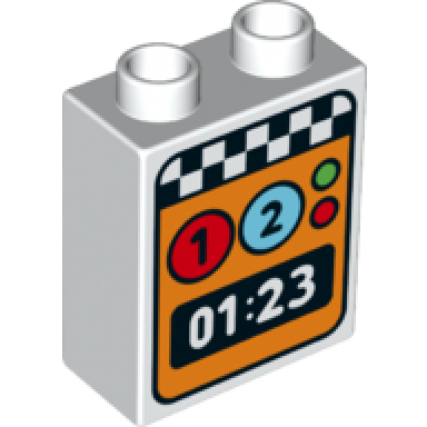white duplo brick 1 x 2 x 2 with red and green lights 1 2 01:23 and black and white checkered pattern