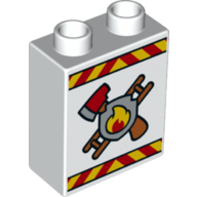 white duplo brick 1 x 2 x 2 with fire department logo pattern