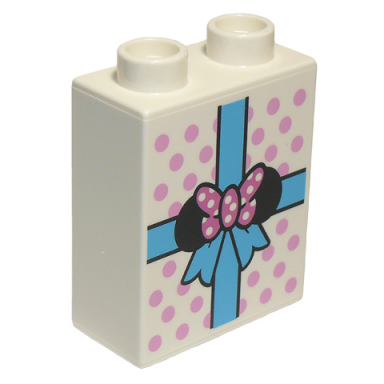 white duplo brick 1 x 2 x 2 with polka dots and medium azure gift wrap with minnie mouse ears and bow pattern