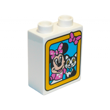 white duplo brick 1 x 2 x 2 with minnie mouse and cat in yellow frame pattern