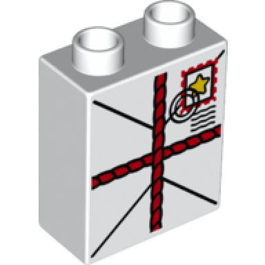 white duplo brick 1 x 2 x 2 with tied parcel with postmark pattern