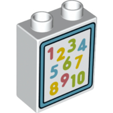 white duplo brick 1 x 2 x 2 with pink yellow lime and medium azure 1-10 numbers pattern