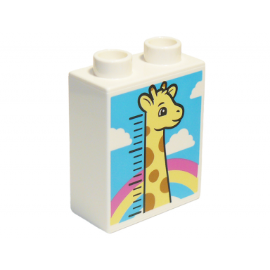 white duplo brick 1 x 2 x 2 with bright light yellow giraffe height chart clouds and rainbow pattern