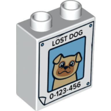 white duplo brick 1 x 2 x 2 with lost dog tan dog on poster and 0-123-456 phone number pattern