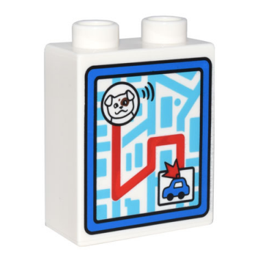 white duplo brick 1 x 2 x 2 with map of town with blue police car white dog and red route pattern