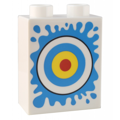 white duplo brick 1 x 2 x 2 with dark azure yellow and red bullseye and splash pattern