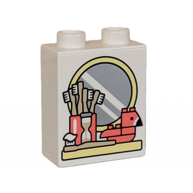 white duplo brick 1 x 2 x 2 with bright light yellow shelf and mirror coral duck and cup tan toothbrushes pattern