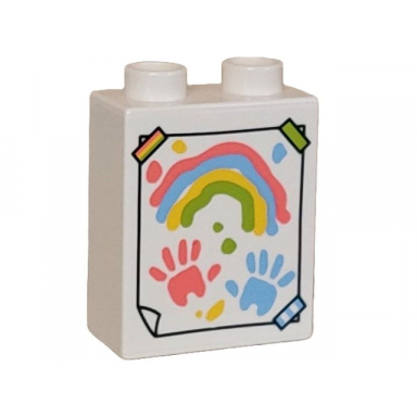 white duplo brick 1 x 2 x 2 with painting with coral medium blue yellow and lime rainbow hand prints and splotches taped on wall pattern
