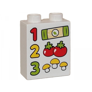 white duplo brick 1 x 2 x 2 with red yellow and lime numbers 1 2 and 3 recipe with spaghetti tomatoes and mushrooms pattern