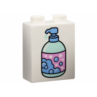 white duplo brick 1 x 2 x 2 with medium blue light aqua and dark pink liquid soap pump with bubbles and stars pattern