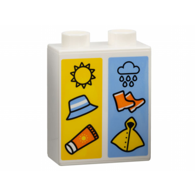 white duplo brick 1 x 2 x 2 with sun hat and sunscreen on yellow background and cloud rain boots and slicker on medium blue background pattern