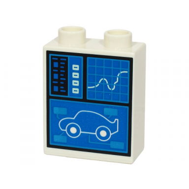 white duplo brick 1 x 2 x 2 with blue control screen with car chart and graph pattern