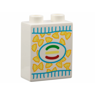 white duplo brick 1 x 2 x 2 with box label bright light yellow farfalle bow tie pasta pattern
