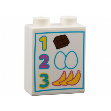 white duplo brick 1 x 2 x 2 with numbers 1 2 3 chocolate eggs and bananas pattern