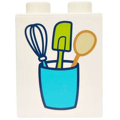 white duplo brick 1 x 2 x 2 with whisk spatula and spoon in medium azure utensils jar pattern