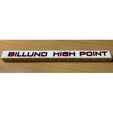 white technic liftarm thick 1 x 13 with black billund high point with red border pattern sticker - set 42077