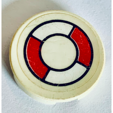 white tile round 2 x 2 with red and white life preserver pattern sticker - sets 2962 6479 6540 6541 6559 6598