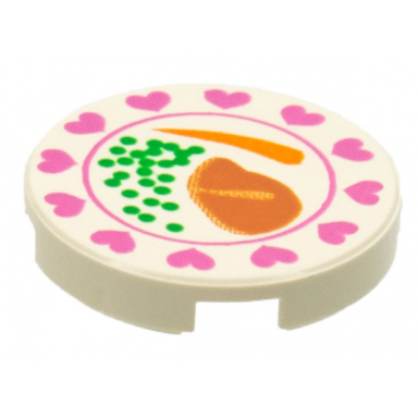 white tile round 2 x 2 with hearts steak peas carrot pattern