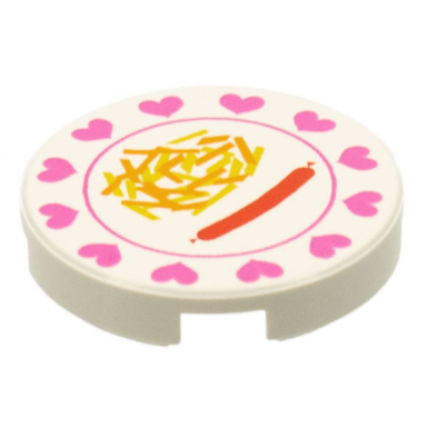 white tile round 2 x 2 with hearts hot dog french fries pattern