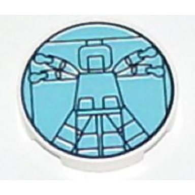 white tile round 2 x 2 with vitruvian minifigure on light blue background pattern